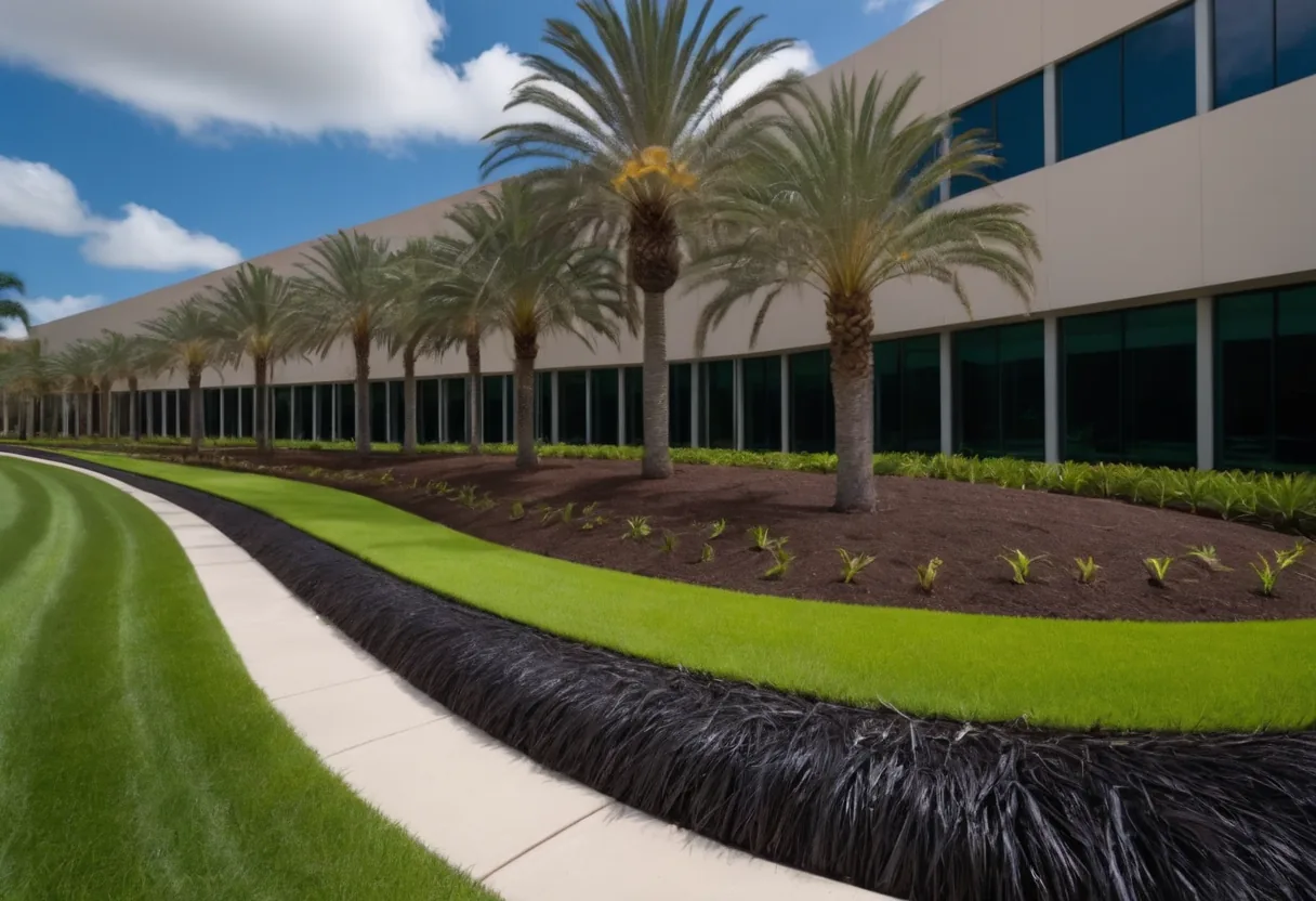 Fresh hardwood mulch in long curved beds along a corporate building