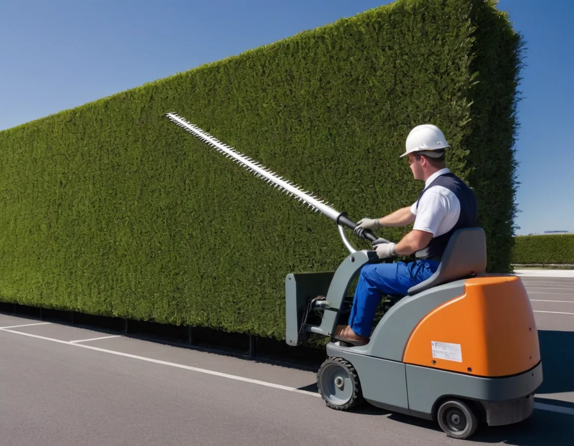 Worker shaping a large commercial ficus hedge wall