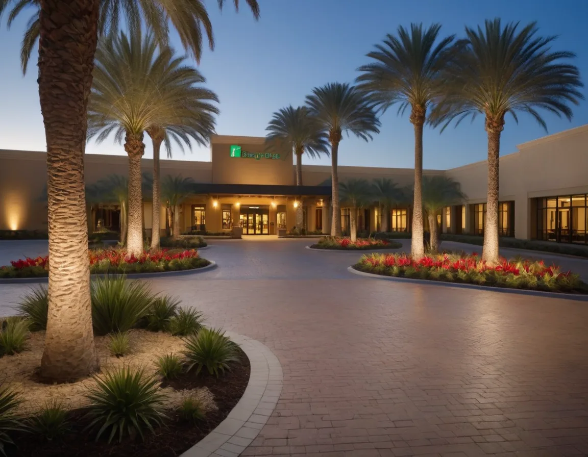 Commercial property entrance design with paver drive, palms and entry signage