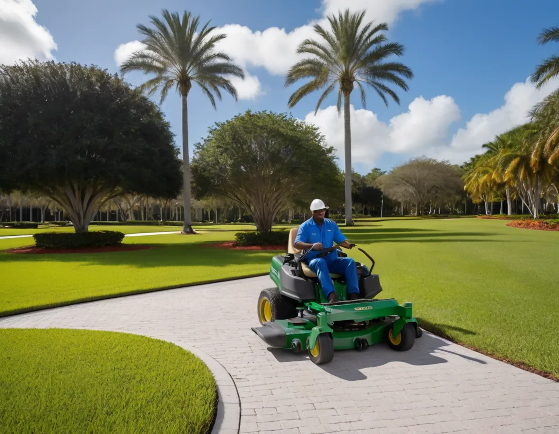 Commercial crew operating zero-turn mowers at a corporate office park