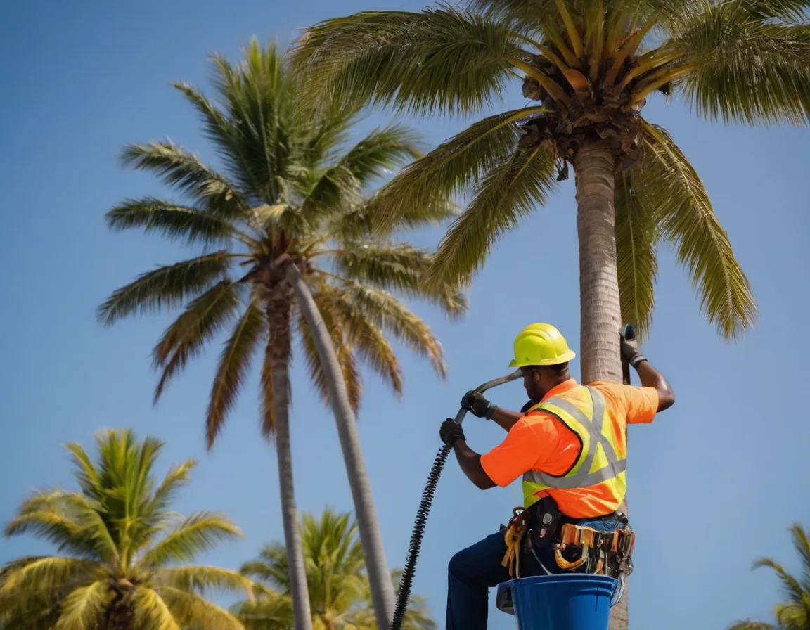 Arborist on a bucket truck trimming a tall palm tree on a Miami boulevard